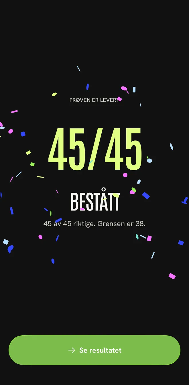 Bestått prøve i Bilteori med konfetti.